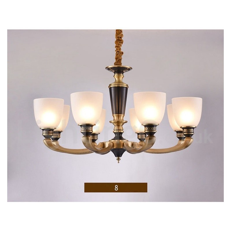 Lampadario a candela in ottone con paralumi in vetro, stile rustico retrò vintage