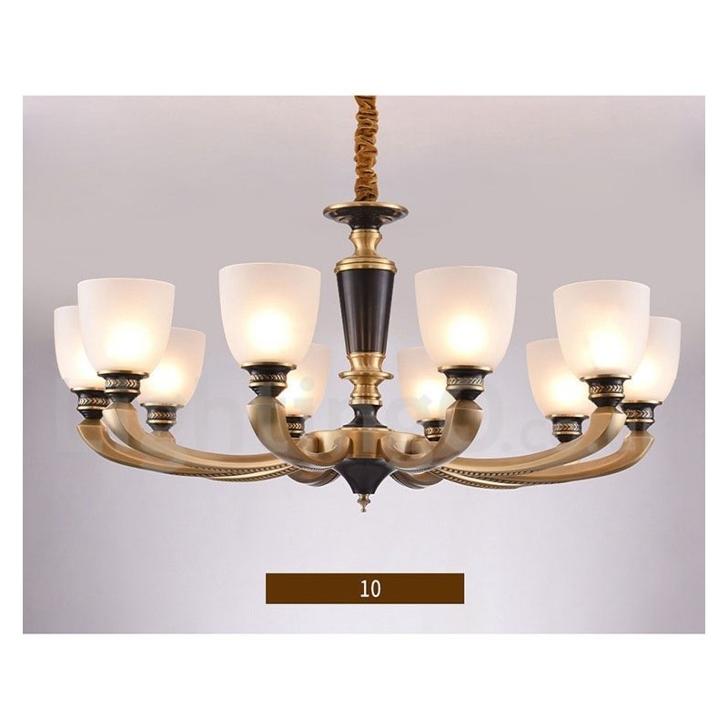 Lampadario a candela in ottone con paralumi in vetro, stile rustico retrò vintage