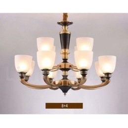 Lampadario a candela in ottone con paralumi in vetro, stile rustico retrò vintage