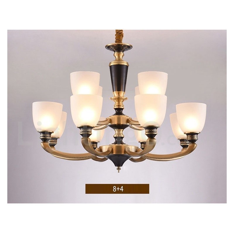 Lampadario a candela in ottone con paralumi in vetro, stile rustico retrò vintage