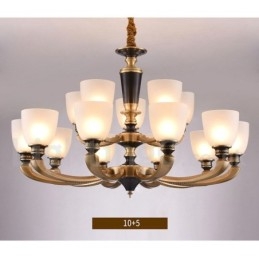 Lampadario a candela in ottone con paralumi in vetro, stile rustico retrò vintage