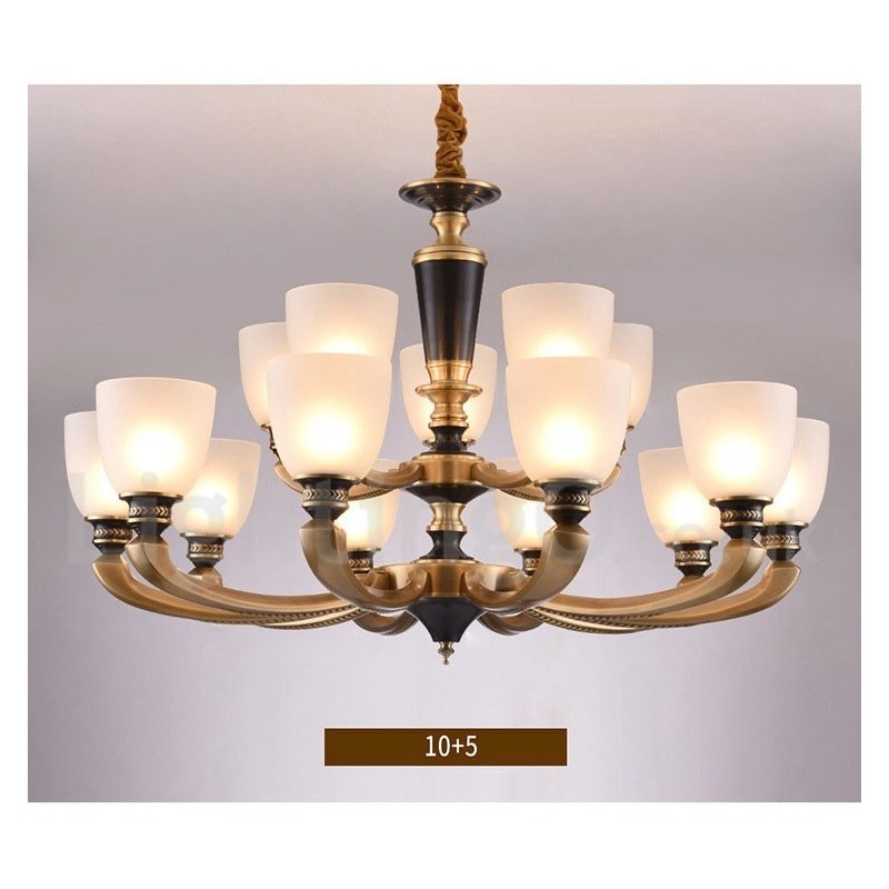 Lampadario a candela in ottone con paralumi in vetro, stile rustico retrò vintage