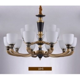 Lampadario a candela in ottone con paralumi in vetro, stile rustico retrò vintage