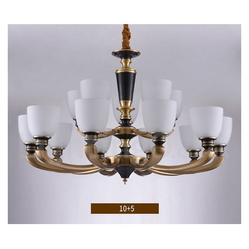 Lampadario a candela in ottone con paralumi in vetro, stile rustico retrò vintage