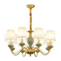 Lampadario a sospensione rustico retrò vintage in ottone e ceramica con paralumi in tessuto