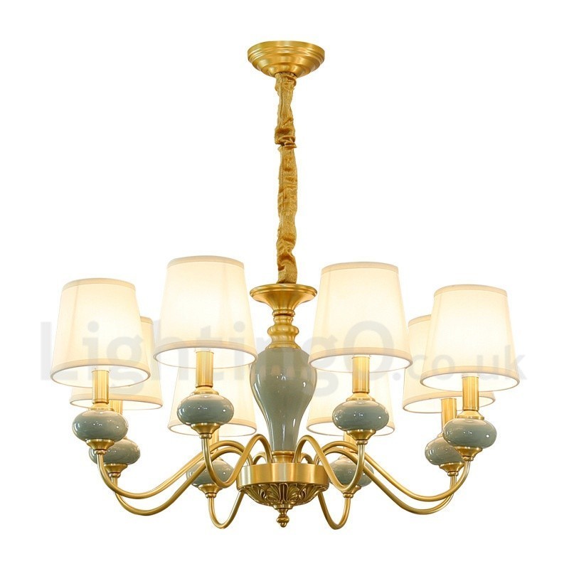Lampadario a sospensione rustico retrò vintage in ottone e ceramica con paralumi in tessuto