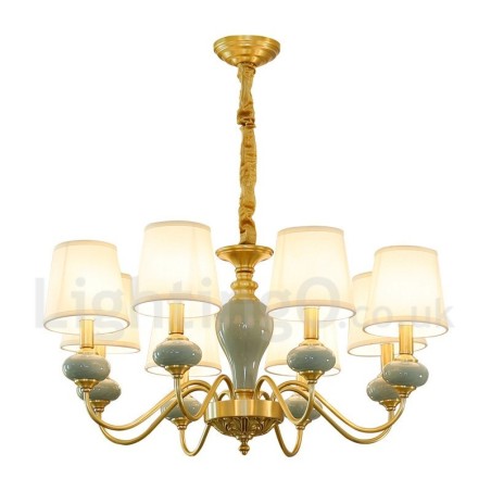 Lampadario a sospensione rustico retrò vintage in ottone e ceramica con paralumi in tessuto