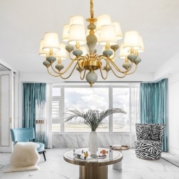Lampadario a sospensione rustico retrò vintage in ottone e ceramica con paralumi in tessuto