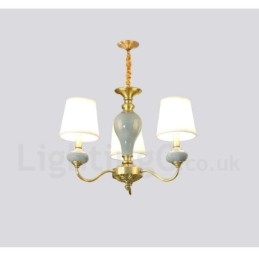 Lampadario a sospensione rustico retrò vintage in ottone e ceramica con paralumi in tessuto