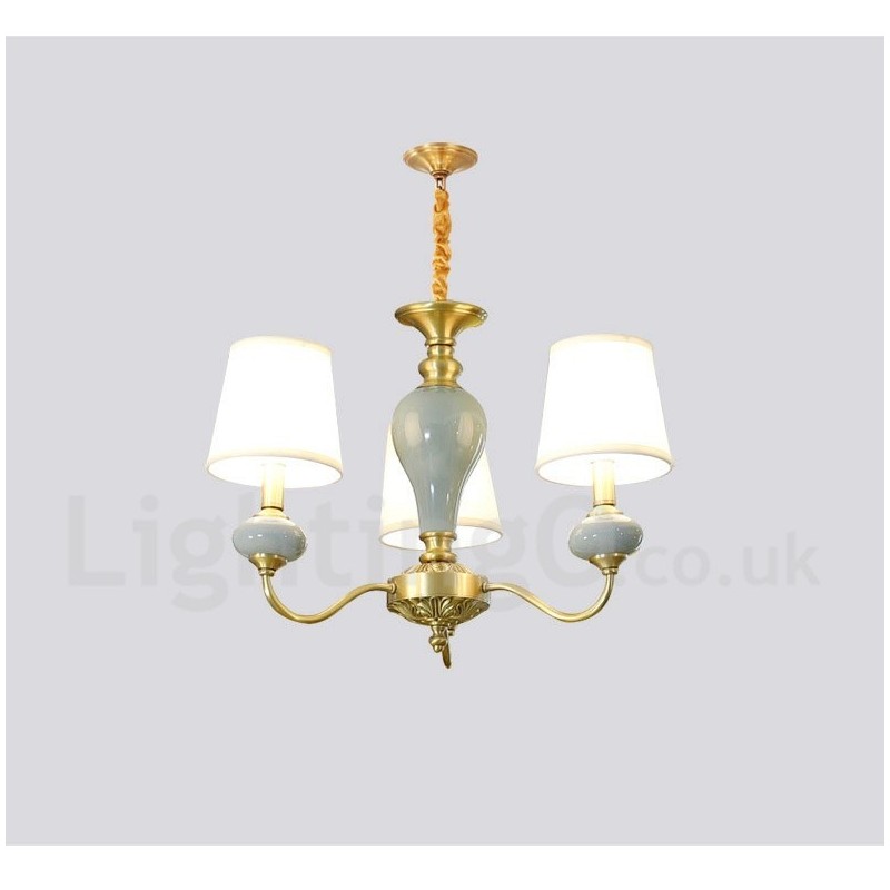 Lampadario a sospensione rustico retrò vintage in ottone e ceramica con paralumi in tessuto