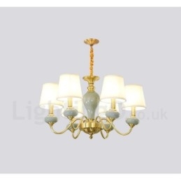 Lampadario a sospensione rustico retrò vintage in ottone e ceramica con paralumi in tessuto