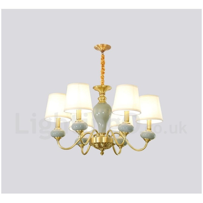Lampadario a sospensione rustico retrò vintage in ottone e ceramica con paralumi in tessuto
