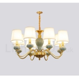 Lampadario a sospensione rustico retrò vintage in ottone e ceramica con paralumi in tessuto