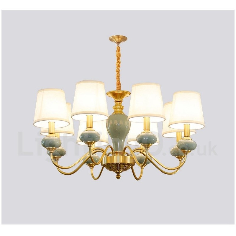 Lampadario a sospensione rustico retrò vintage in ottone e ceramica con paralumi in tessuto
