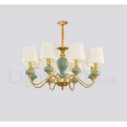 Lampadario a sospensione rustico retrò vintage in ottone e ceramica con paralumi in tessuto