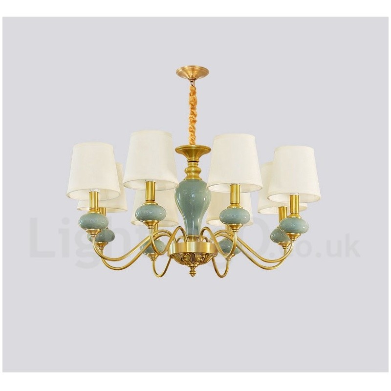 Lampadario a sospensione rustico retrò vintage in ottone e ceramica con paralumi in tessuto