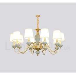 Lampadario a sospensione rustico retrò vintage in ottone e ceramica con paralumi in tessuto