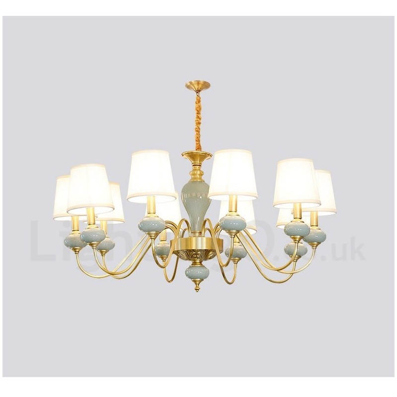 Lampadario a sospensione rustico retrò vintage in ottone e ceramica con paralumi in tessuto