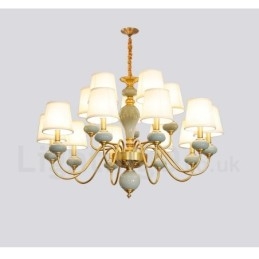 Lampadario a sospensione rustico retrò vintage in ottone e ceramica con paralumi in tessuto