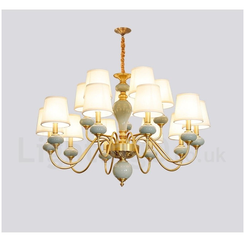 Lampadario a sospensione rustico retrò vintage in ottone e ceramica con paralumi in tessuto