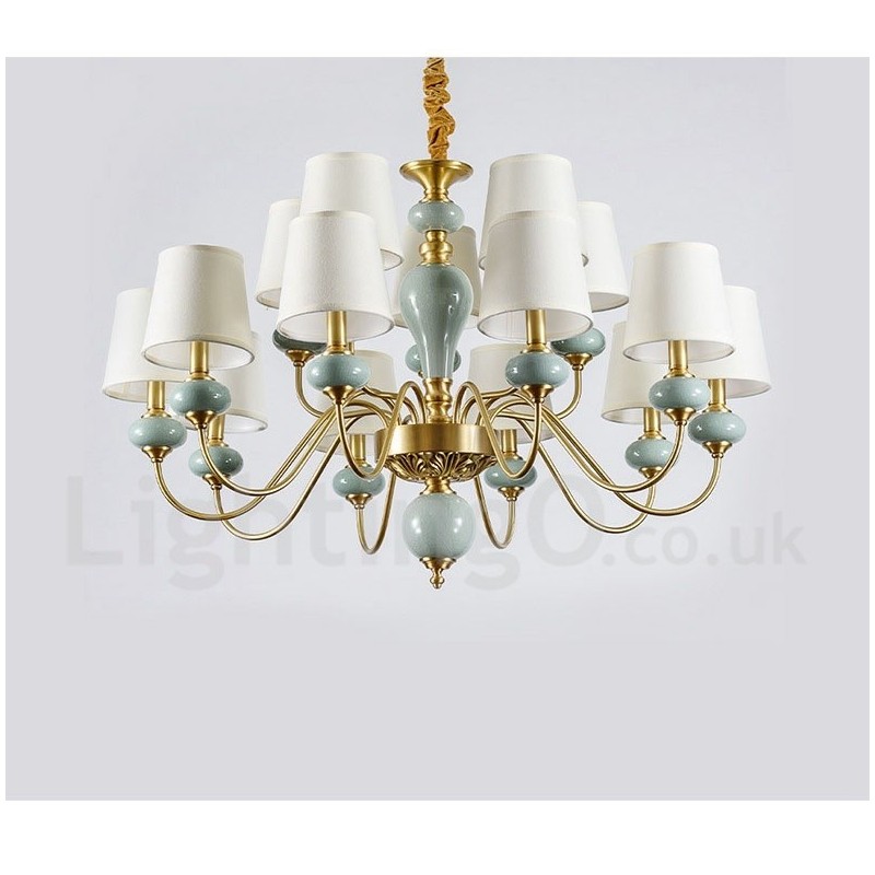 Lampadario a sospensione rustico retrò vintage in ottone e ceramica con paralumi in tessuto