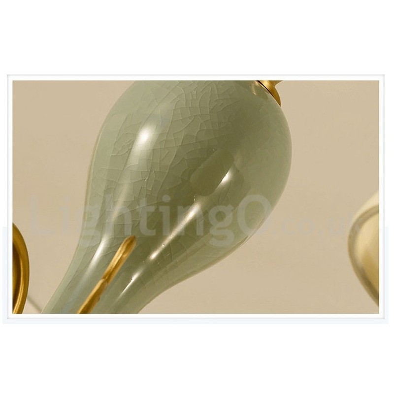 Lampadario a sospensione rustico retrò vintage in ottone e ceramica con paralumi in tessuto