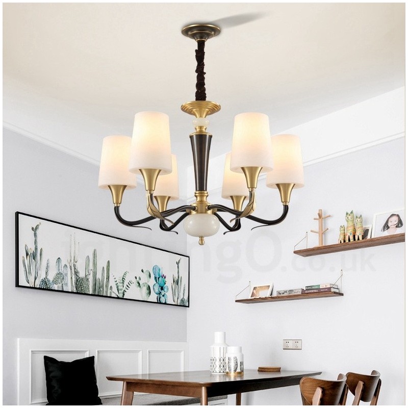 Lampadario a sospensione rustico retrò vintage in ottone con paralumi in vetro e pietra