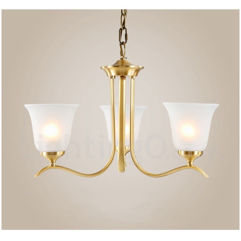Lampadario a candela in ottone con paralumi in vetro, stile rustico retrò vintage