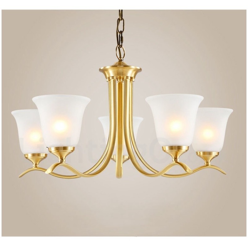 Lampadario a candela in ottone con paralumi in vetro, stile rustico retrò vintage