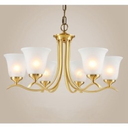Lampadario a candela in ottone con paralumi in vetro, stile rustico retrò vintage