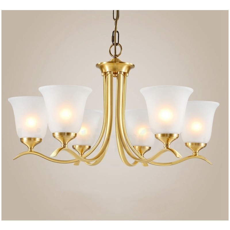 Lampadario a candela in ottone con paralumi in vetro, stile rustico retrò vintage