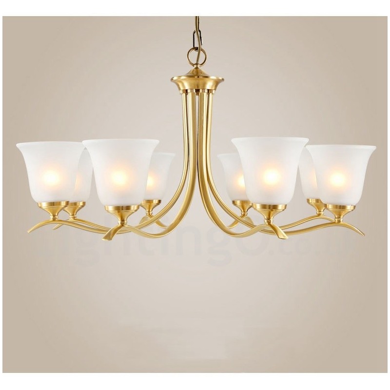 Lampadario a candela in ottone con paralumi in vetro, stile rustico retrò vintage