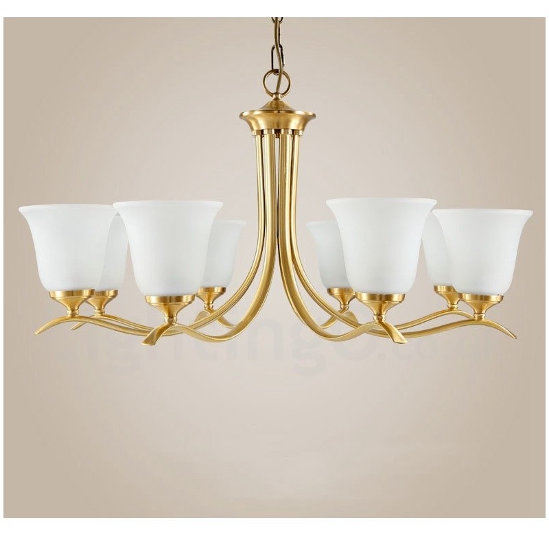 Lampadario a candela in ottone con paralumi in vetro, stile rustico retrò vintage