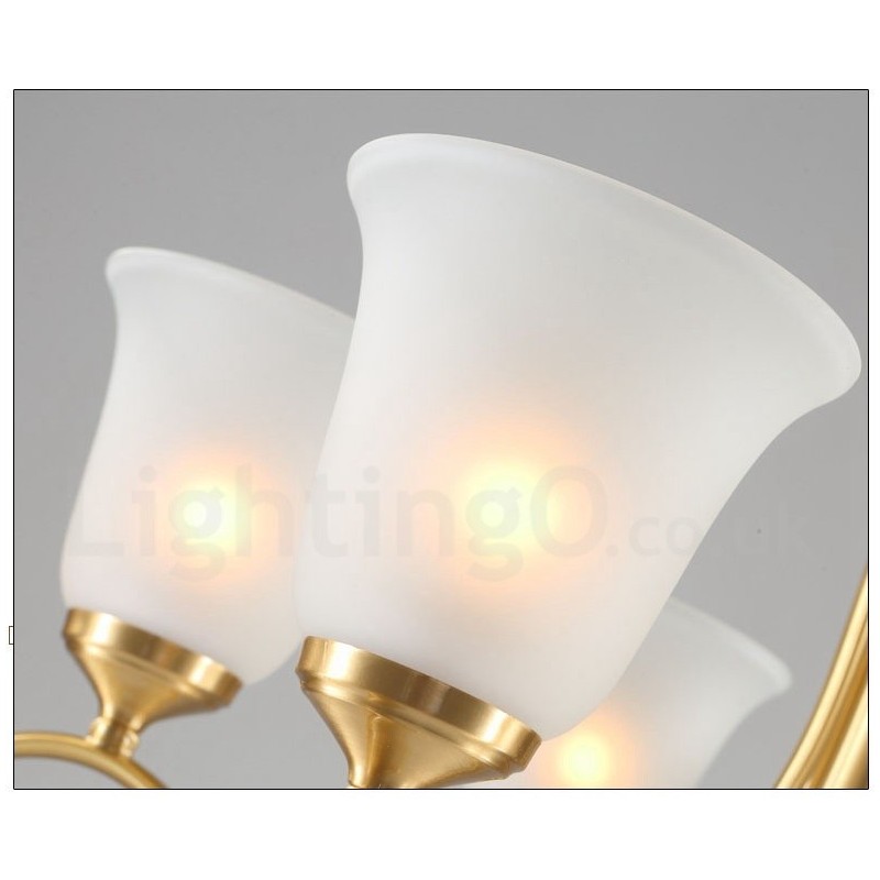 Lampadario a candela in ottone con paralumi in vetro, stile rustico retrò vintage