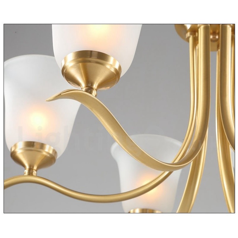 Lampadario a candela in ottone con paralumi in vetro, stile rustico retrò vintage