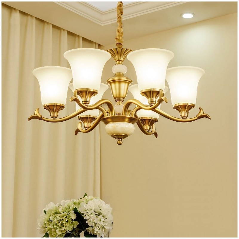 Lampadario a sospensione rustico retrò vintage in ottone con paralumi in vetro e pietra