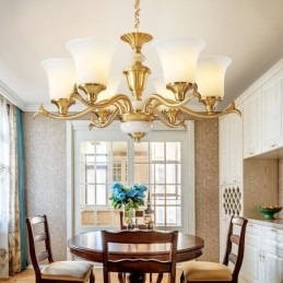 Lampadario a sospensione rustico retrò vintage in ottone con paralumi in vetro e pietra