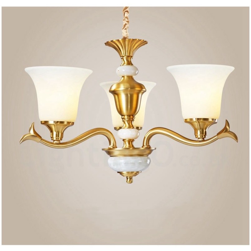 Lampadario a sospensione rustico retrò vintage in ottone con paralumi in vetro e pietra