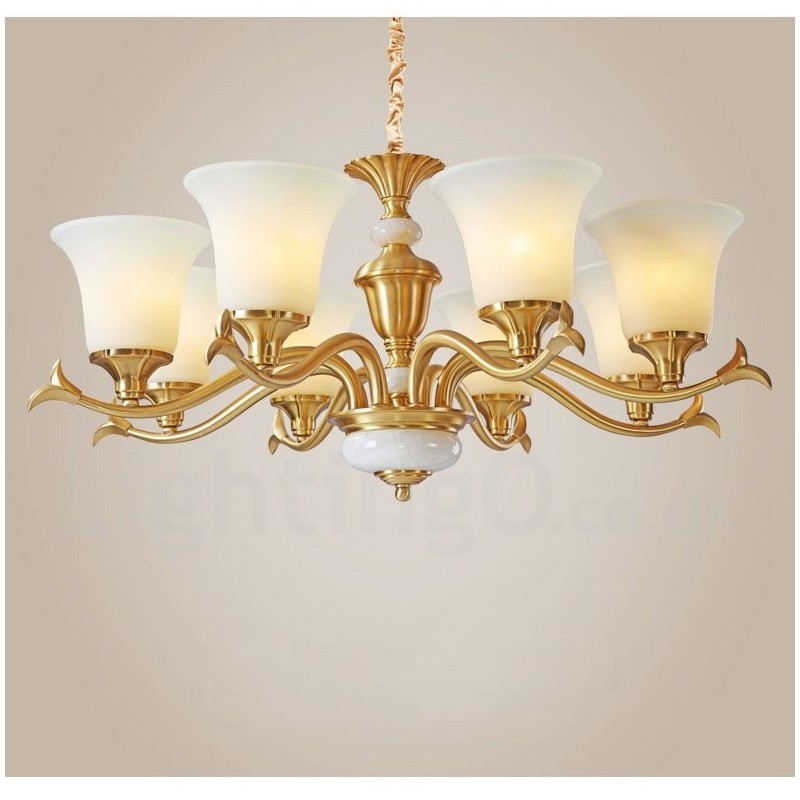 Lampadario a sospensione rustico retrò vintage in ottone con paralumi in vetro e pietra