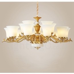 Lampadario a sospensione rustico retrò vintage in ottone con paralumi in vetro e pietra