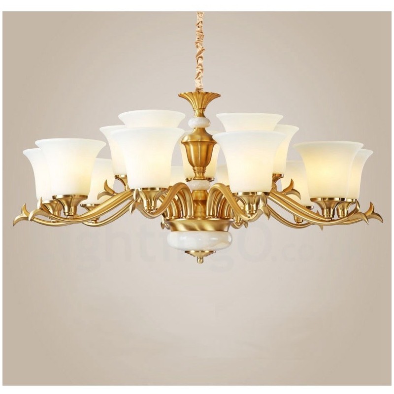 Lampadario a sospensione rustico retrò vintage in ottone con paralumi in vetro e pietra