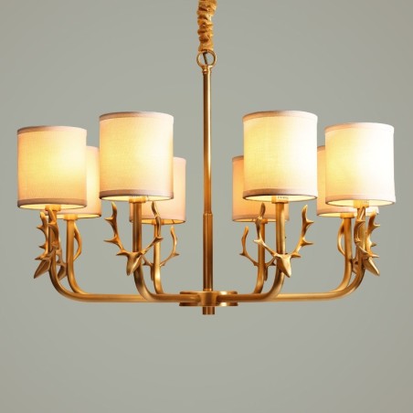 Lampadario a candela in ottone con paralumi in tessuto, rustico retrò vintage, E14