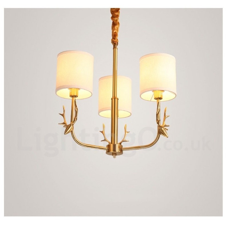 Lampadario a candela in ottone con paralumi in tessuto, rustico retrò vintage, E14