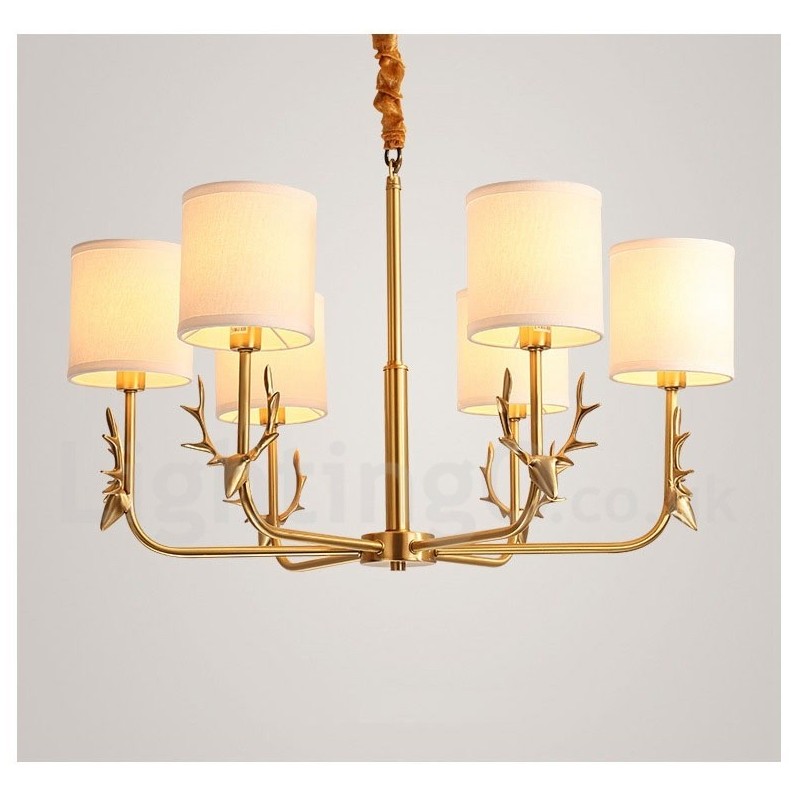 Lampadario a candela in ottone con paralumi in tessuto, rustico retrò vintage, E14