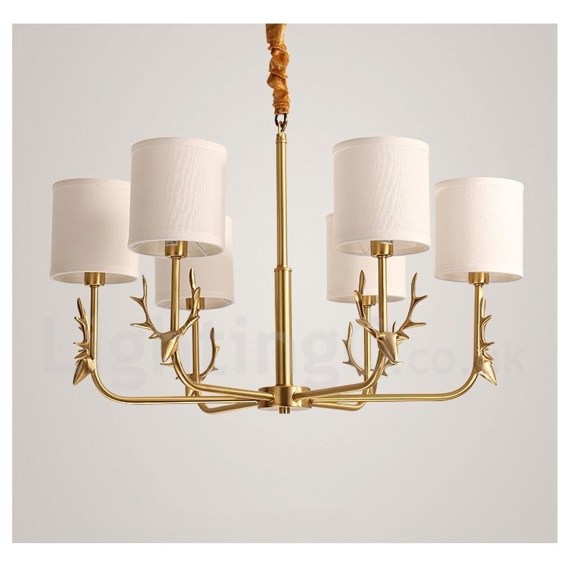 Lampadario a candela in ottone con paralumi in tessuto, rustico retrò vintage, E14