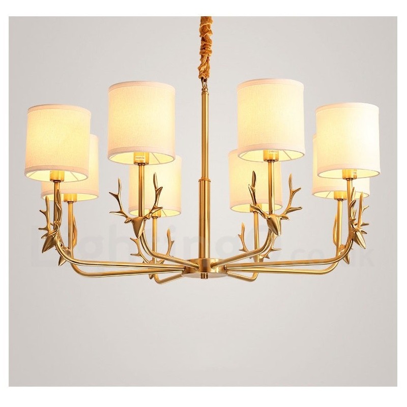 Lampadario a candela in ottone con paralumi in tessuto, rustico retrò vintage, E14