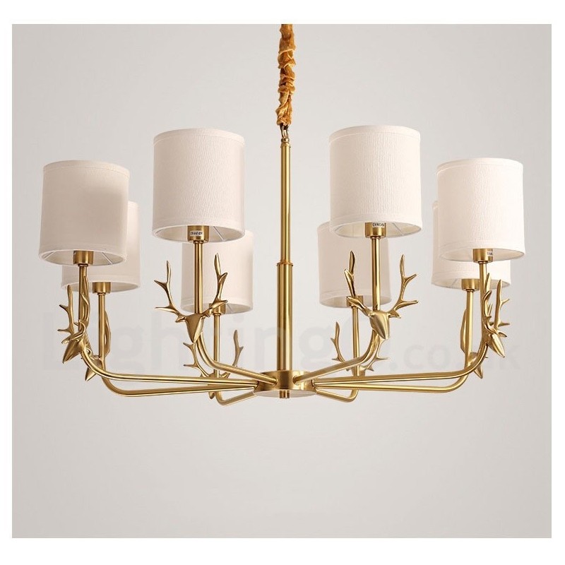 Lampadario a candela in ottone con paralumi in tessuto, rustico retrò vintage, E14
