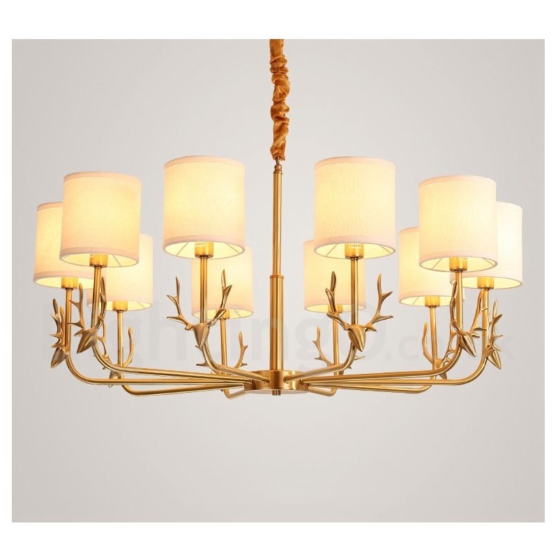 Lampadario a candela in ottone con paralumi in tessuto, rustico retrò vintage, E14