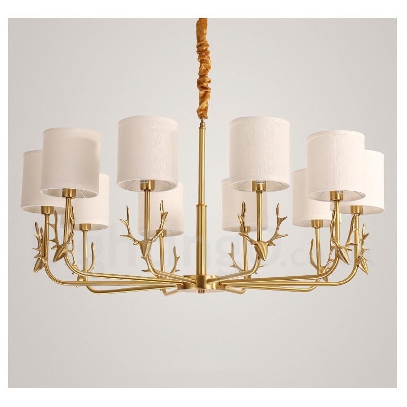 Lampadario a candela in ottone con paralumi in tessuto, rustico retrò vintage, E14