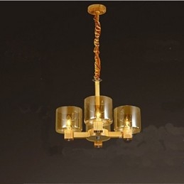 Lampadario a sospensione in legno con copertura in vetro gialla